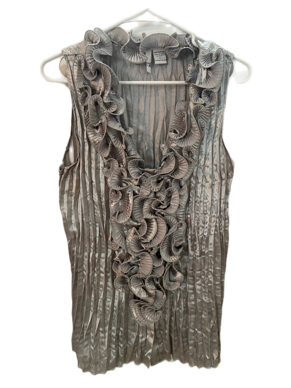 Y2K McBling Retro Glam Sami+Jo Metallic Silver Crinkle Plisse Ruffle Top